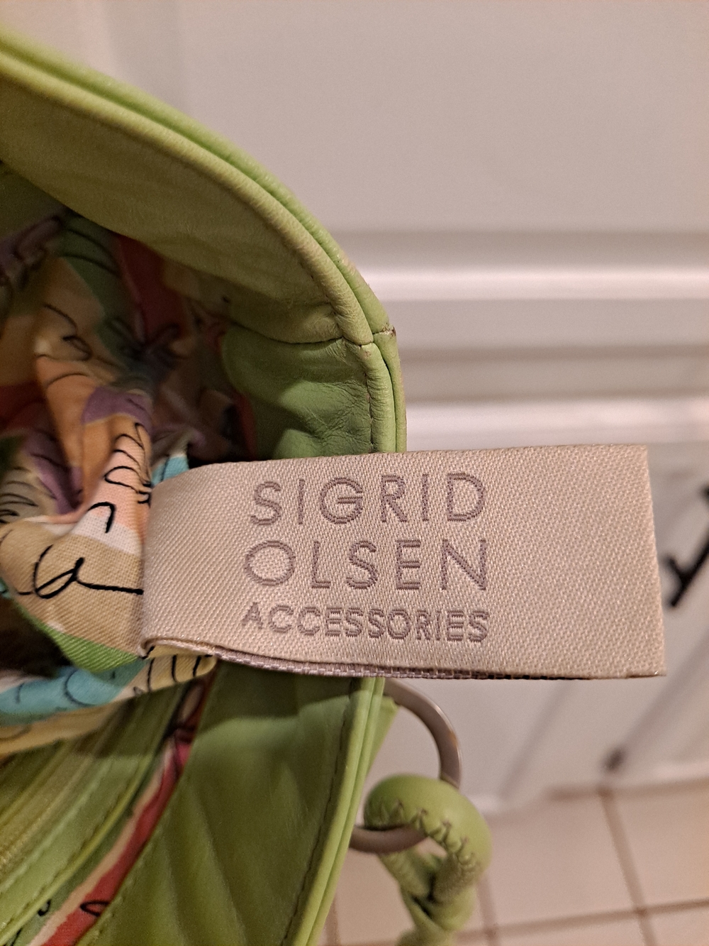 Sigrid Olsen Light Green Leather Braided Handles Stitched Vtg Y2k Vibrant Liner - Picture 16 of 16